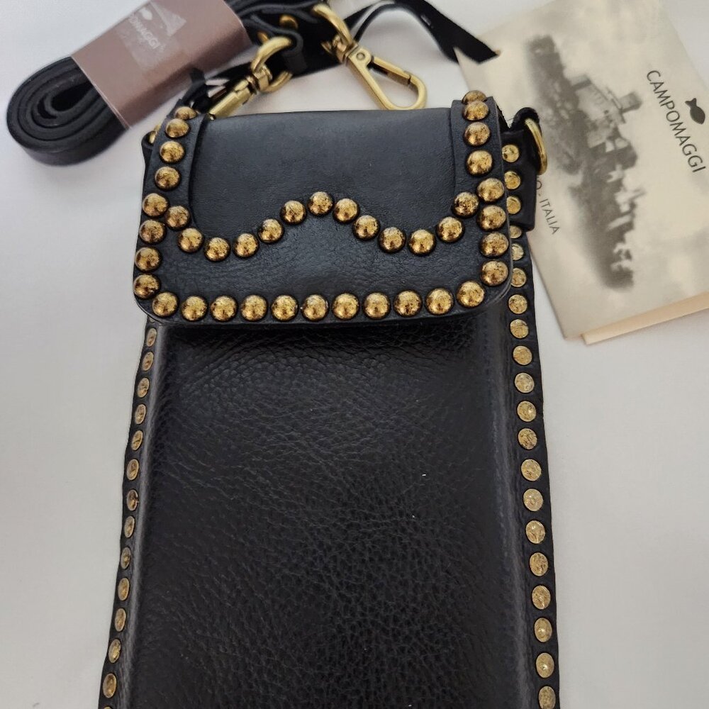 NEW Campomaggi Studded Phone Bag Black Gold Studs - Picture 2 of 5